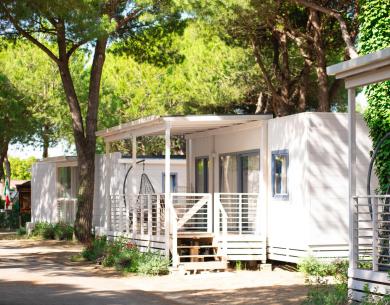 Mobile Homes in der Natur, umgeben von Bäumen und Blumen.